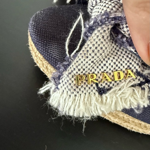 PRADA Navy Denim Bow Detail Logo Slingback Espadrille Wedge Sandals - Picture 3 of 12